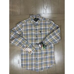 Pladra Flannel Shirt Mens Small Gray Yellow Plaid Fish Print Lining Long Sleeve